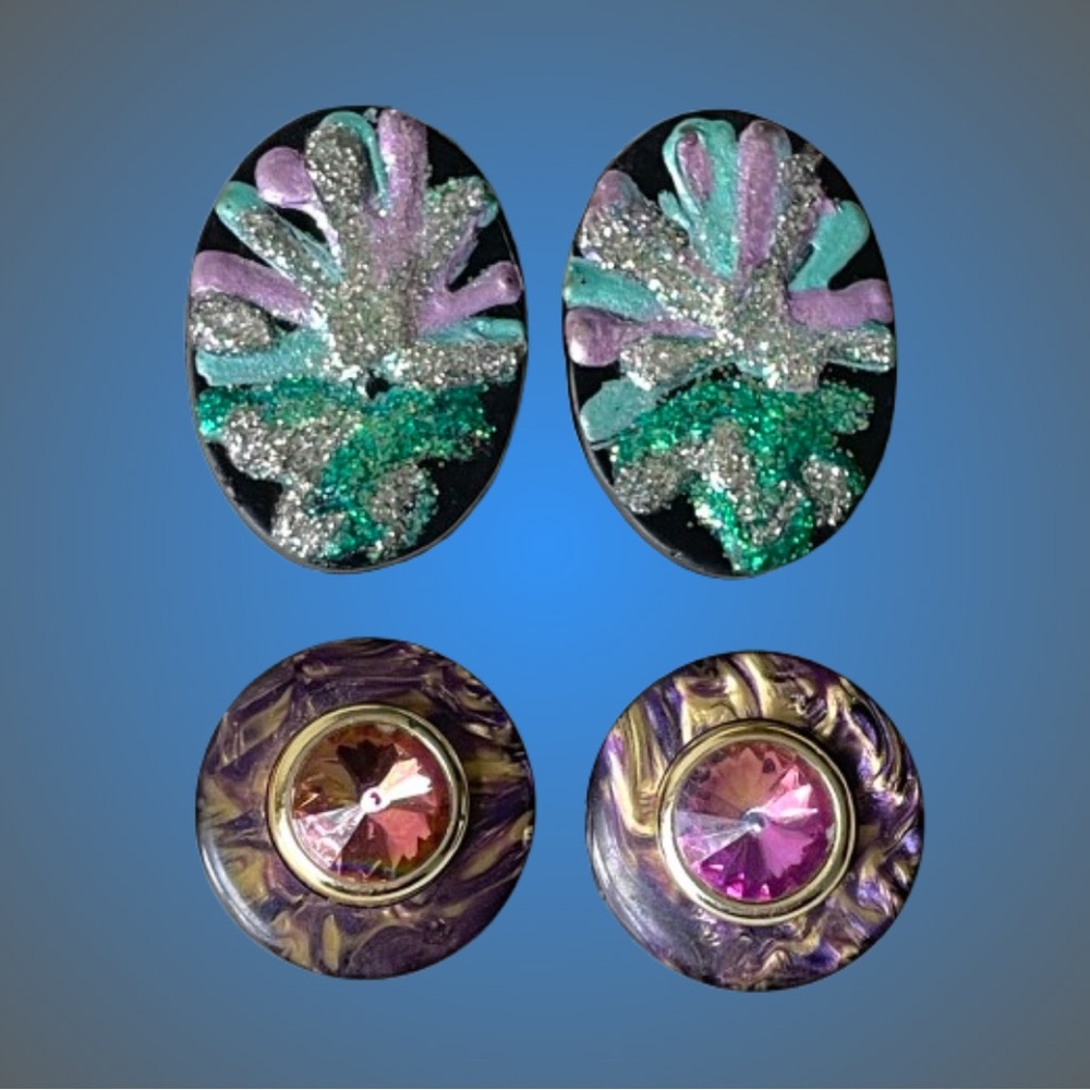 2 pairs of vtg wearable art clip-on earrings ooak? watermelon rivoli puffy paint